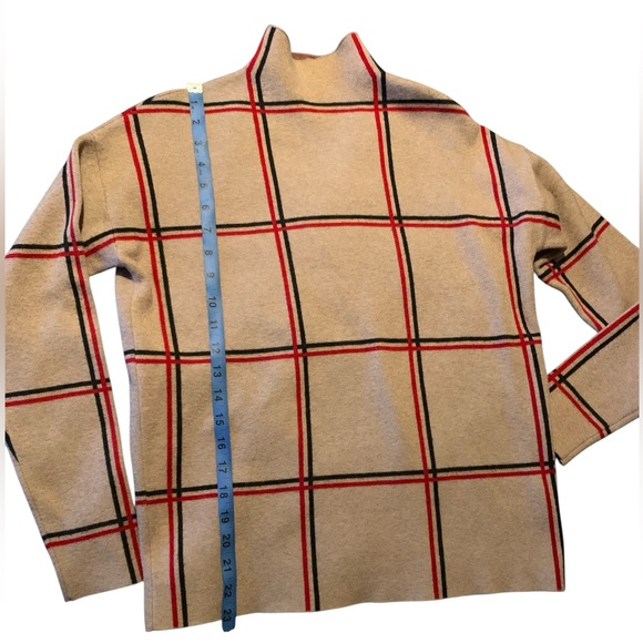 Tahari Womens mock Turtleneck Sweater in Tan with Red Accents plaid - Picture 3 of 5